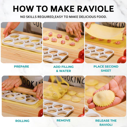 MUMSUNG Ravioli Maker Press, Ravioli Press Mold Set - Round Ravioli Stamp Maker Cutter with Wood Rolling Pin, 2.6" Empanada Maker Press Kit and Ravioli Wheel, Makes 8 Ravioli
