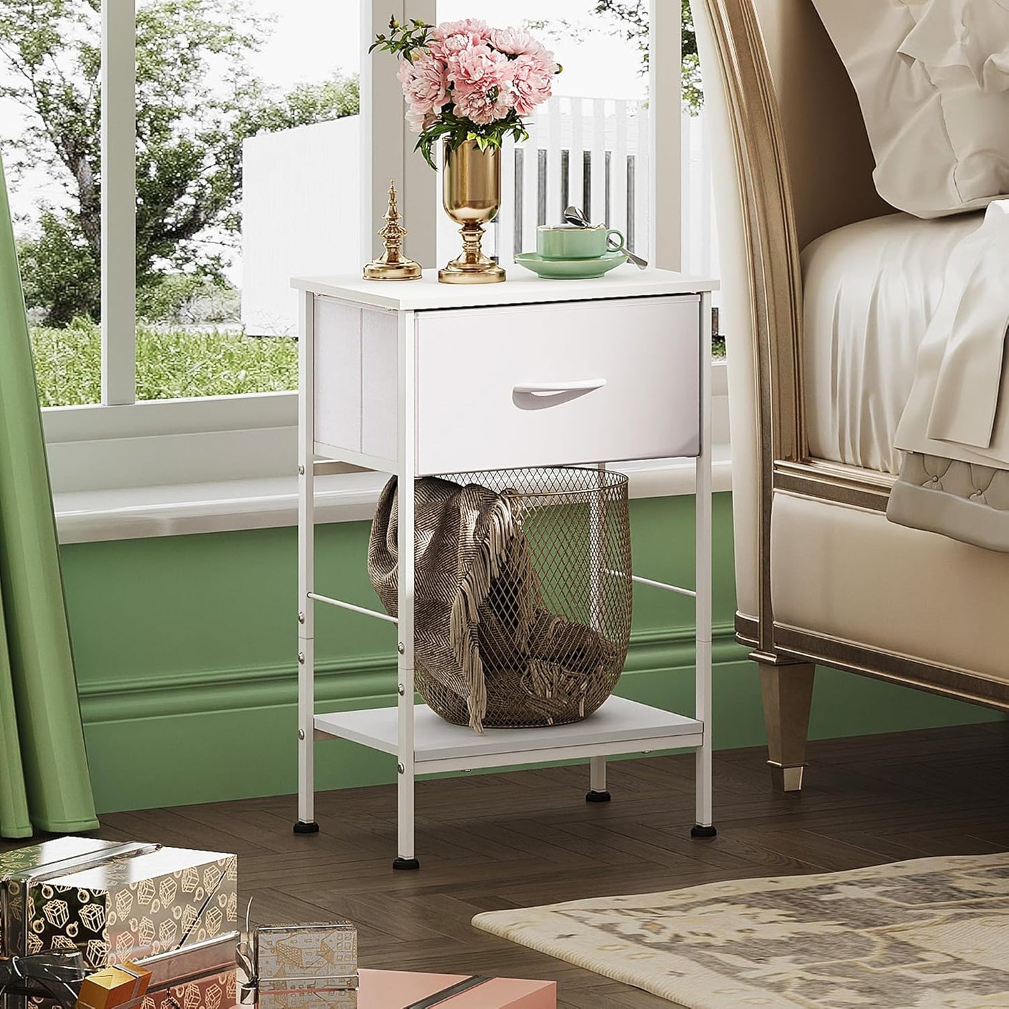 25.03" WLIVE White Nightstand, Night Stand with Fabric Storage Drawer and Open Wood Shelf, Small End Side Table