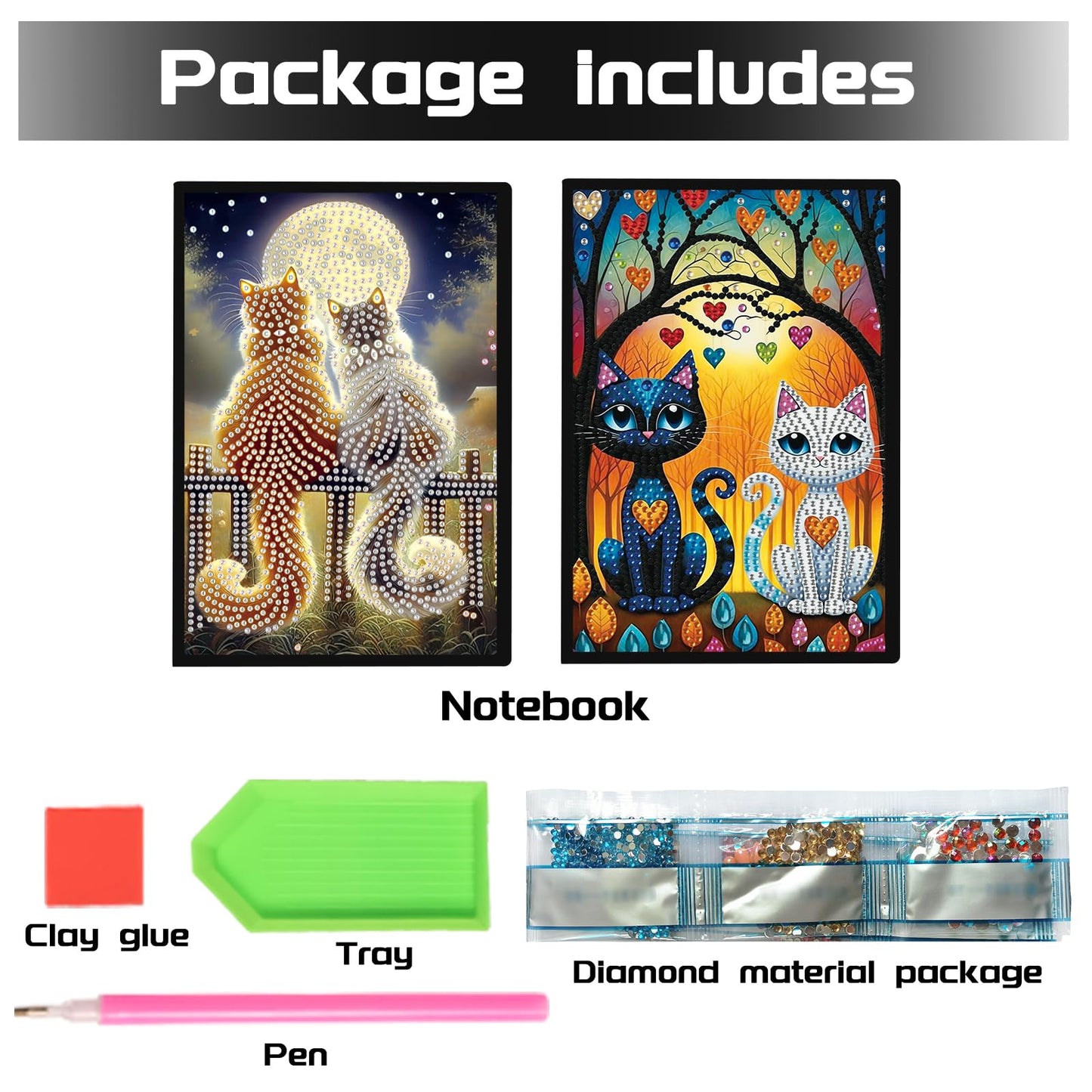 JISHSHAY 2 PCS Diamond Art Notebook Journal Diamond Painting Note Book Gem Art Sketchbook Gem Painting A5 Notebook Mosaic Kits for Adults Diary with Special Shaped 14.5×21cm/5.7×8.26in Cat