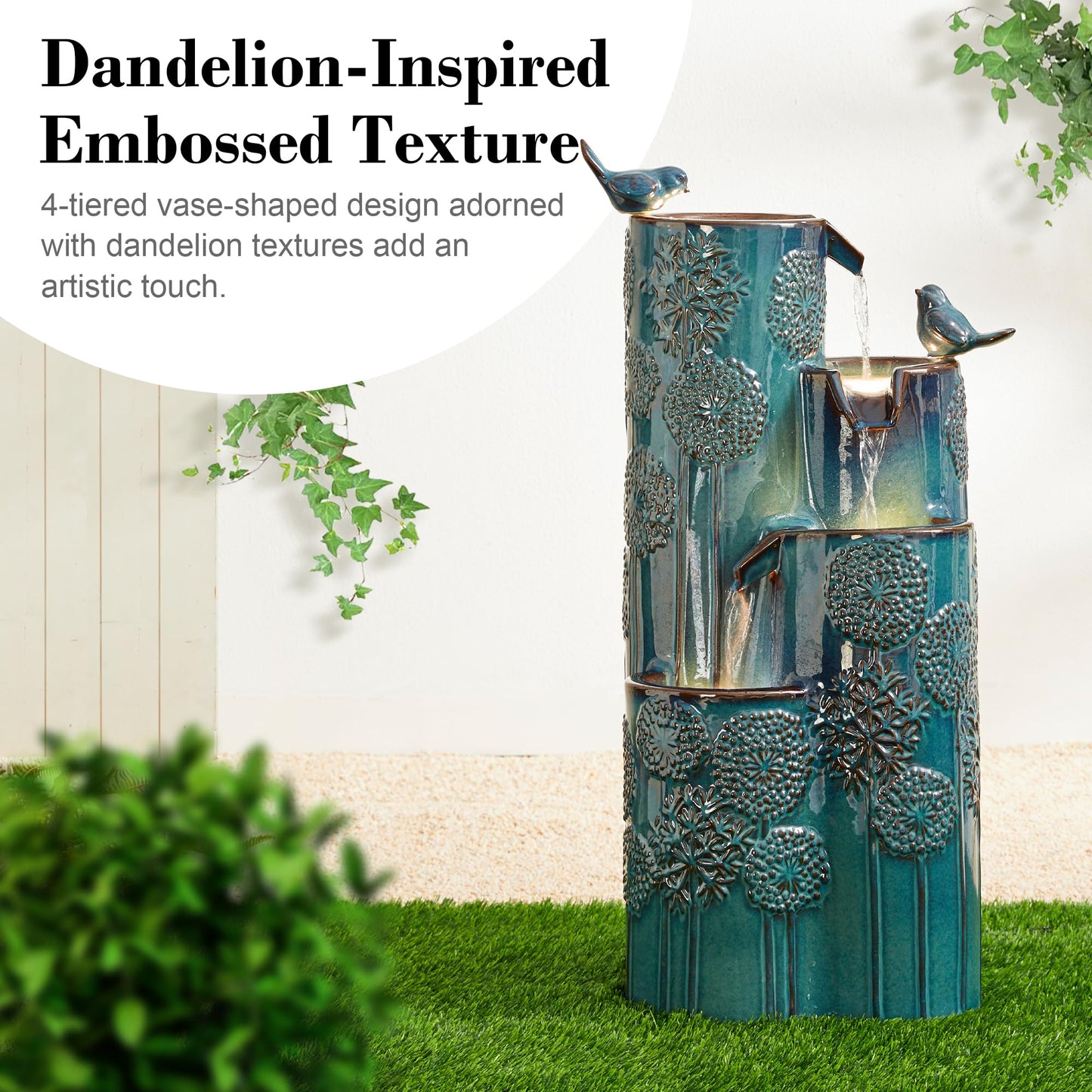 Glitzhome 31.75" H Outdoor Water Fountain with LED Lights and Pump, 4 Tier Dandelion Texture Vase Shaped Ceramic Floor Standing Fountain with Birds for Porch Deck Garden Patio Backyard, Turquoise