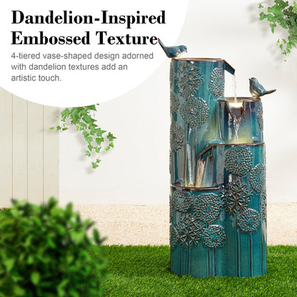 Glitzhome 31.75" H Outdoor Water Fountain with LED Lights and Pump, 4 Tier Dandelion Texture Vase Shaped Ceramic Floor Standing Fountain with Birds for Porch Deck Garden Patio Backyard, Turquoise
