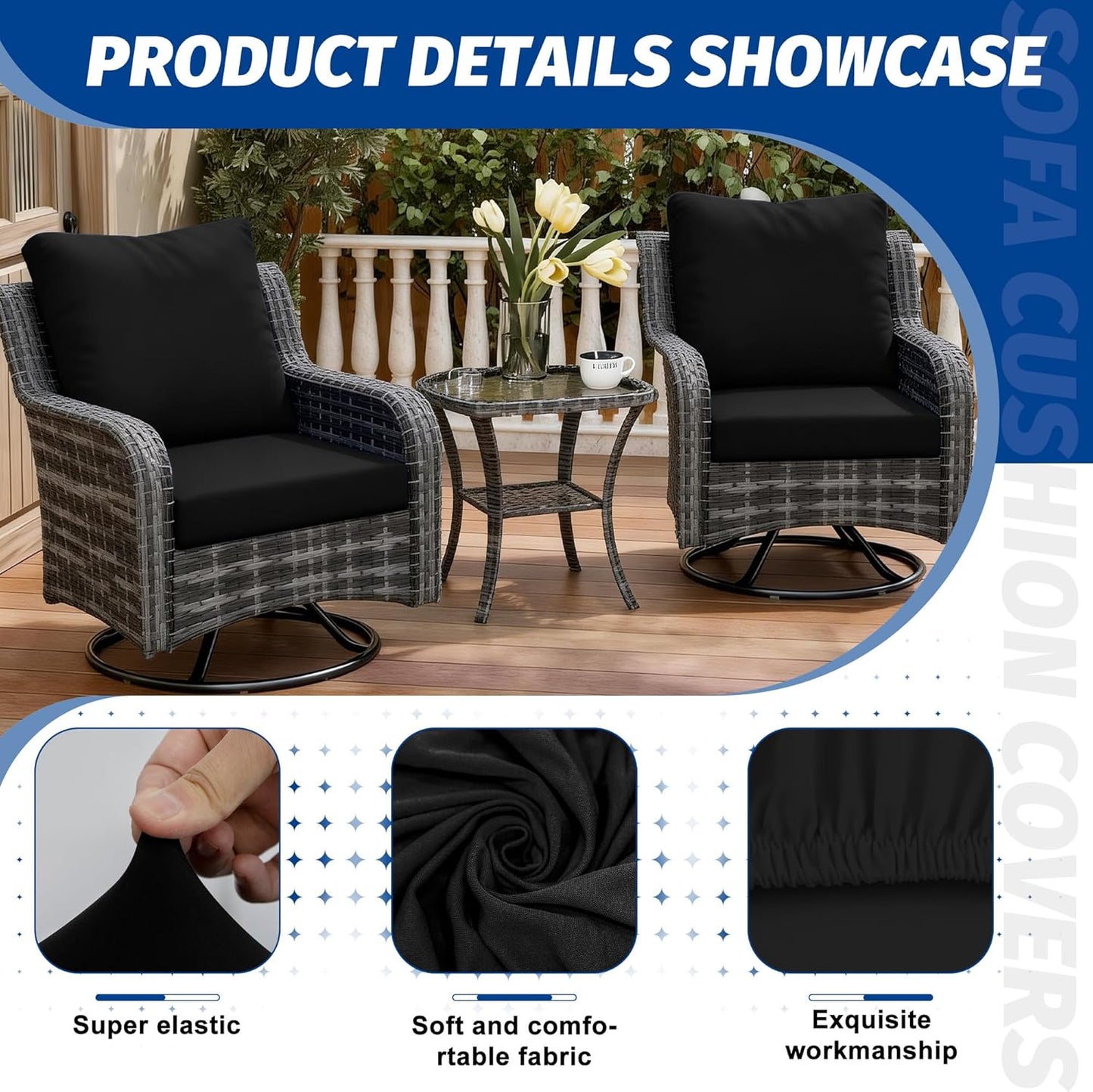 Skiennix Patio Stretch Cushion Covers - Washable Outdoor Sofa Slipcovers for 4 Cushions | Black