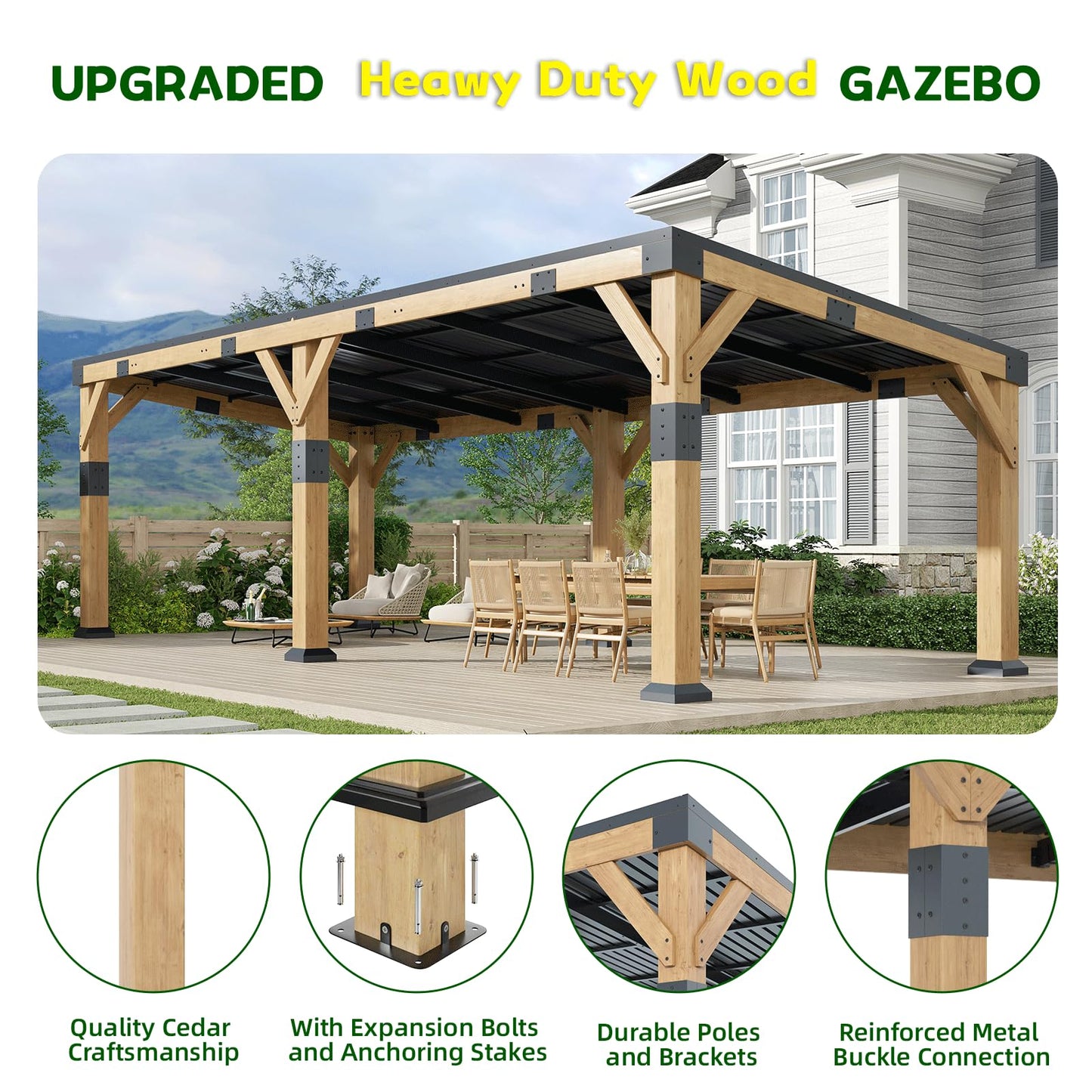 GOHONEI10x22 ft Cedar Wood Gazebo with Sloped Galvanized Steel Roof, Hardtop Gazebo Pavilion with Durable, Rot-Resistant Construction, Permanent Outdoor Pergola for Backyard, Garden & Deck