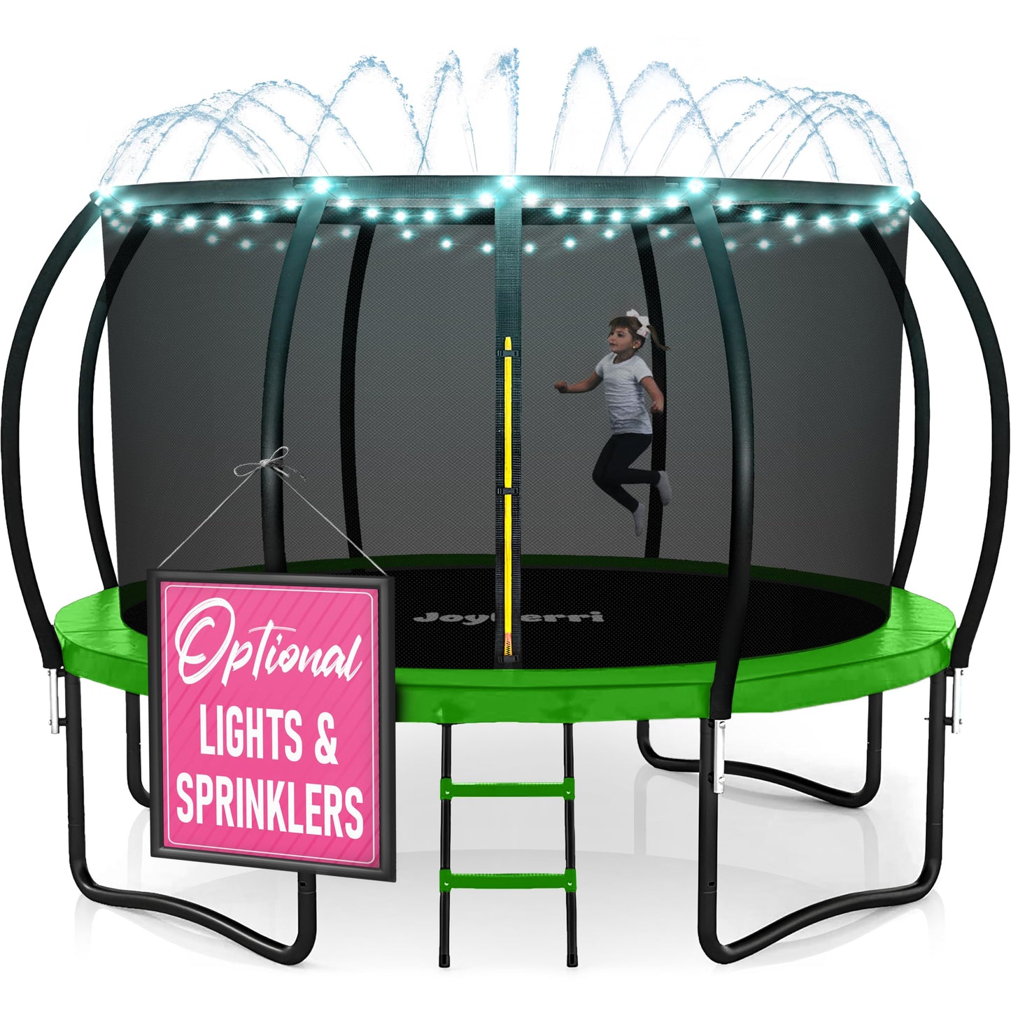 JoyBerri Trampoline Outdoor - Upsurge ASTM Certified Safe 8Ft 10Ft 12Ft 14Ft 15Ft 16Ft Recreational Trampoline for Kids and Adults. Anti-Rust Coating with Enclosure Net, Ladder, Sprinkler & LED Lights