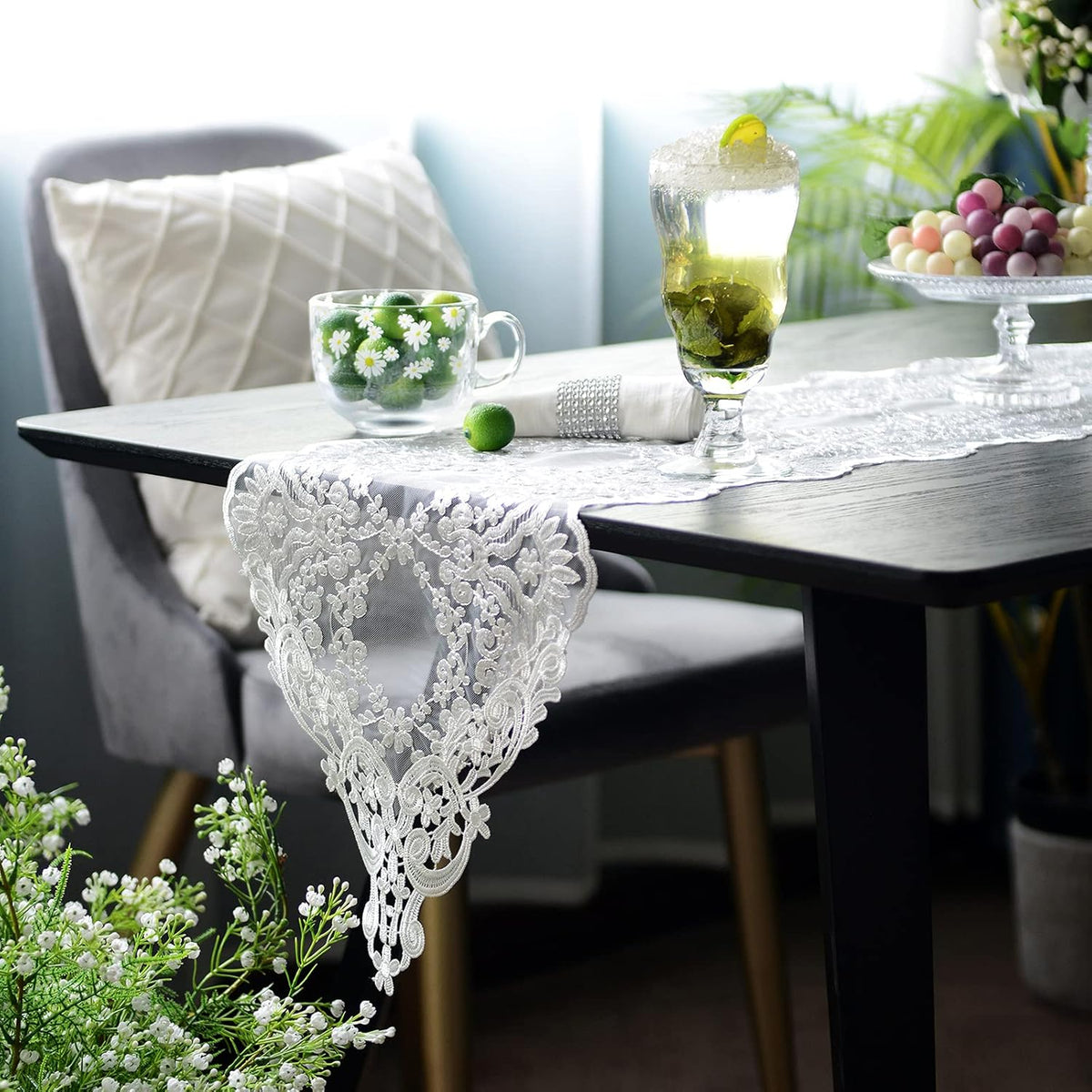 12"70") SUTAVIA Lace Patio Table Runner Embroidered Dresser Scarf, Classic Rectangular Macrame Tablerunner,for Kitchen
