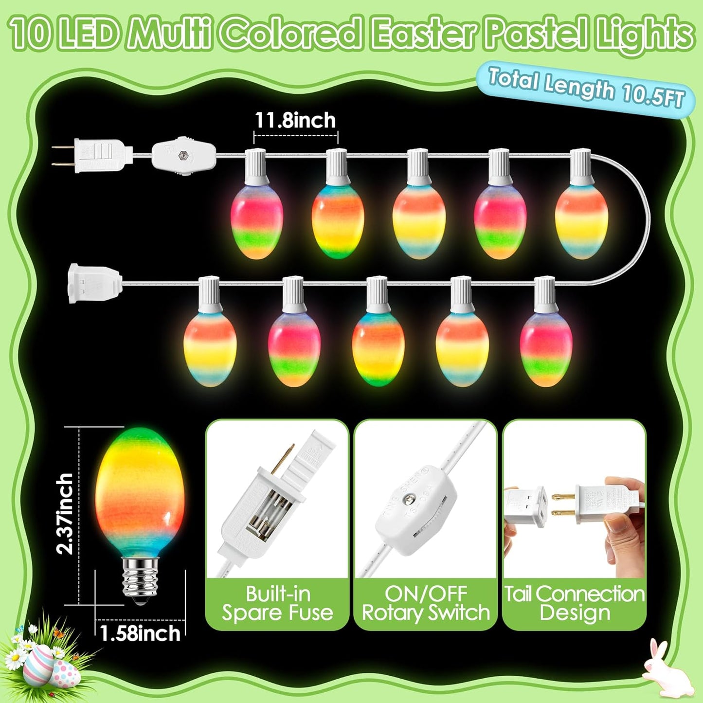 1 Pack 10.5FT Enhon Easter Egg String Lights, Multi-Color Pastel LED Egg Lights, End-to-End Connectable String Light