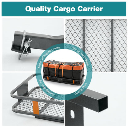 OLIXIS Folding Hitch Mount Cargo Carrier Basket 60x21x6 with Waterproof Luggage Bag 16 Cubic Feet, 500 Lbs Capacity Cargo Basket, with Hitch Stabilizer, Straps, Net