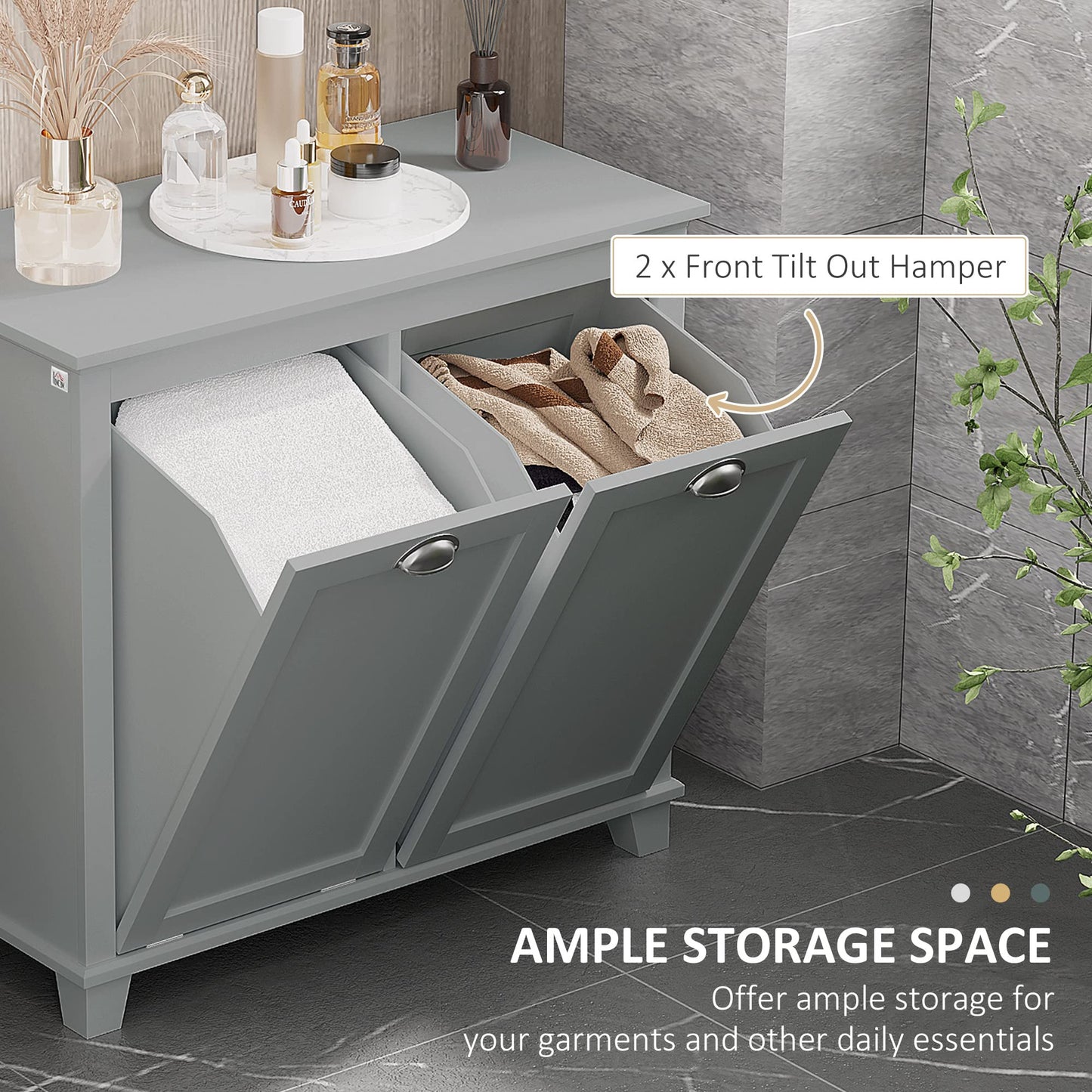 Tilt-Out Laundry Sorter Cabinet, Bathroom Storage Organizer with Two-Compartment Tilt-Out Hamper, Gray