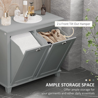 Tilt-Out Laundry Sorter Cabinet, Bathroom Storage Organizer with Two-Compartment Tilt-Out Hamper, Gray