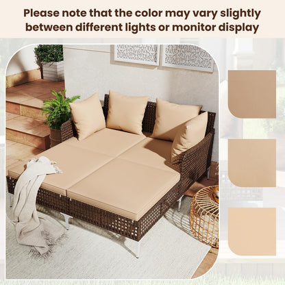 Tangkula Outdoor Rattan Double Daybed, Boho Wicker Chaise Lounge for 2 with Seat & Back Cushions, Outdoor Sunbed Loveseat with Metal Support for Backyard, Poolside & Deck (Brown)
