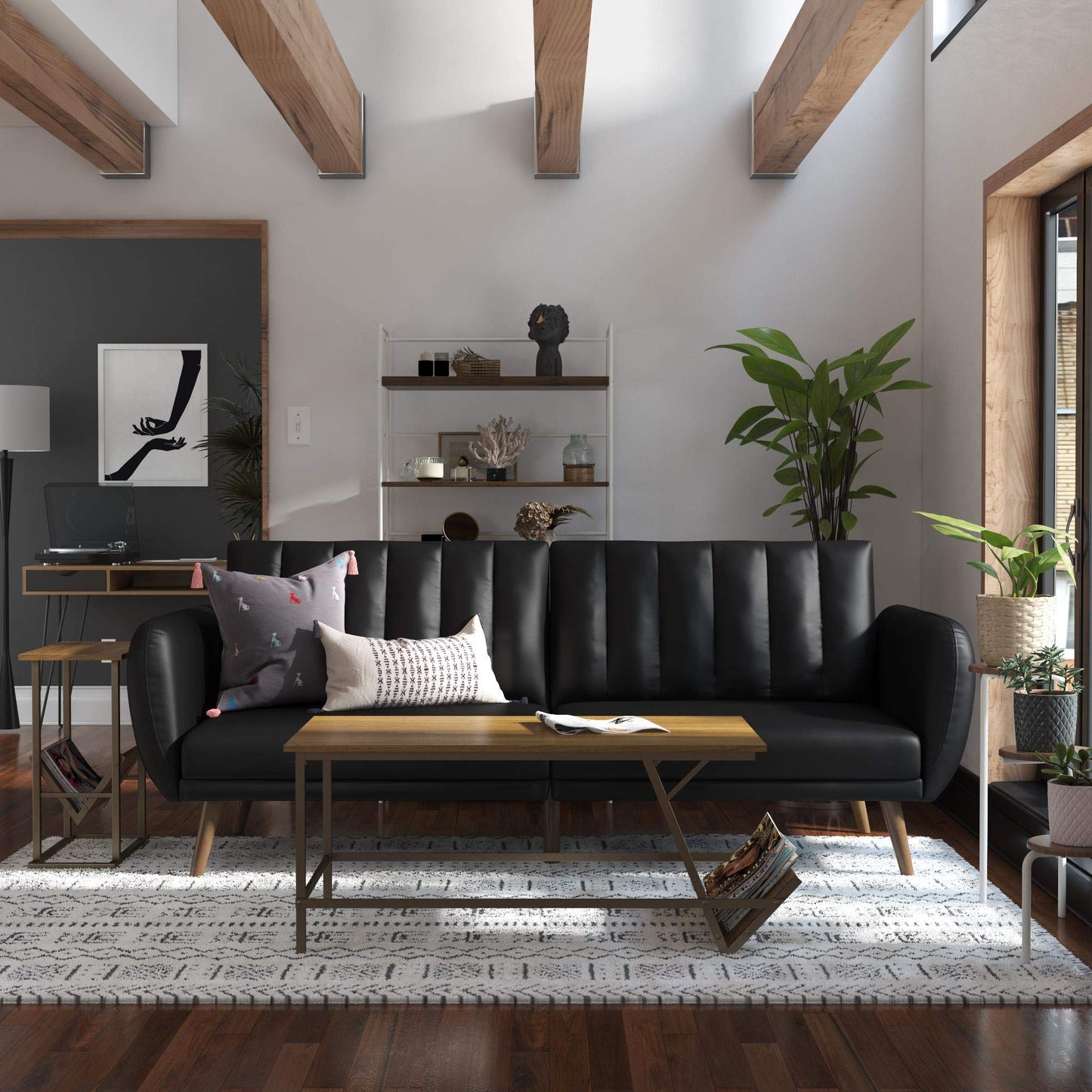 Novogratz Brittany 82 Inch Futon Sofa Bed in Faux Leather, Upholstered Couch Sleeper with Tufted Back, Mid-Century Modern Design, Black