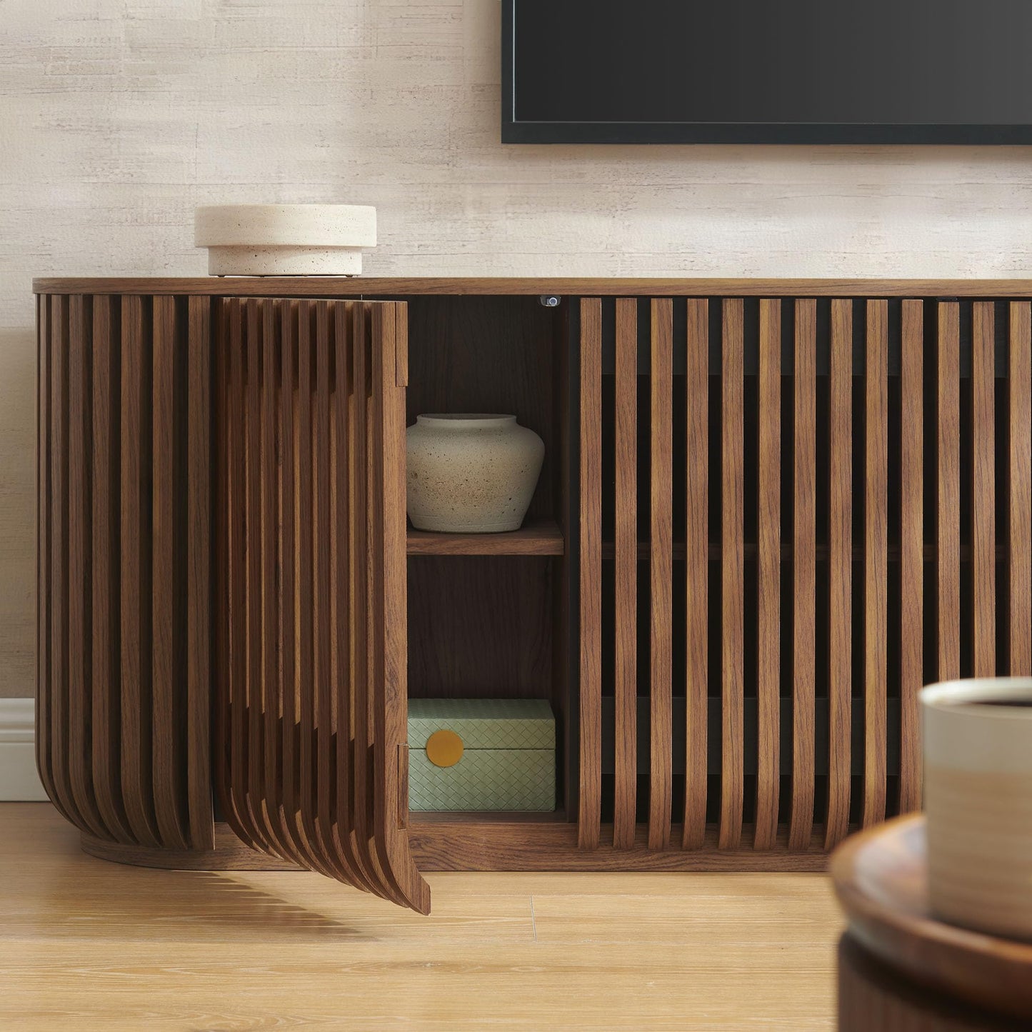 Modway Fortitude 75" Fluted Curved Sideboard Buffet with 4 Doors in Walnut – Modern Media Console TV Stand with Adjustable Shelves and Cable Management – Office Credenza Storage Cabinet