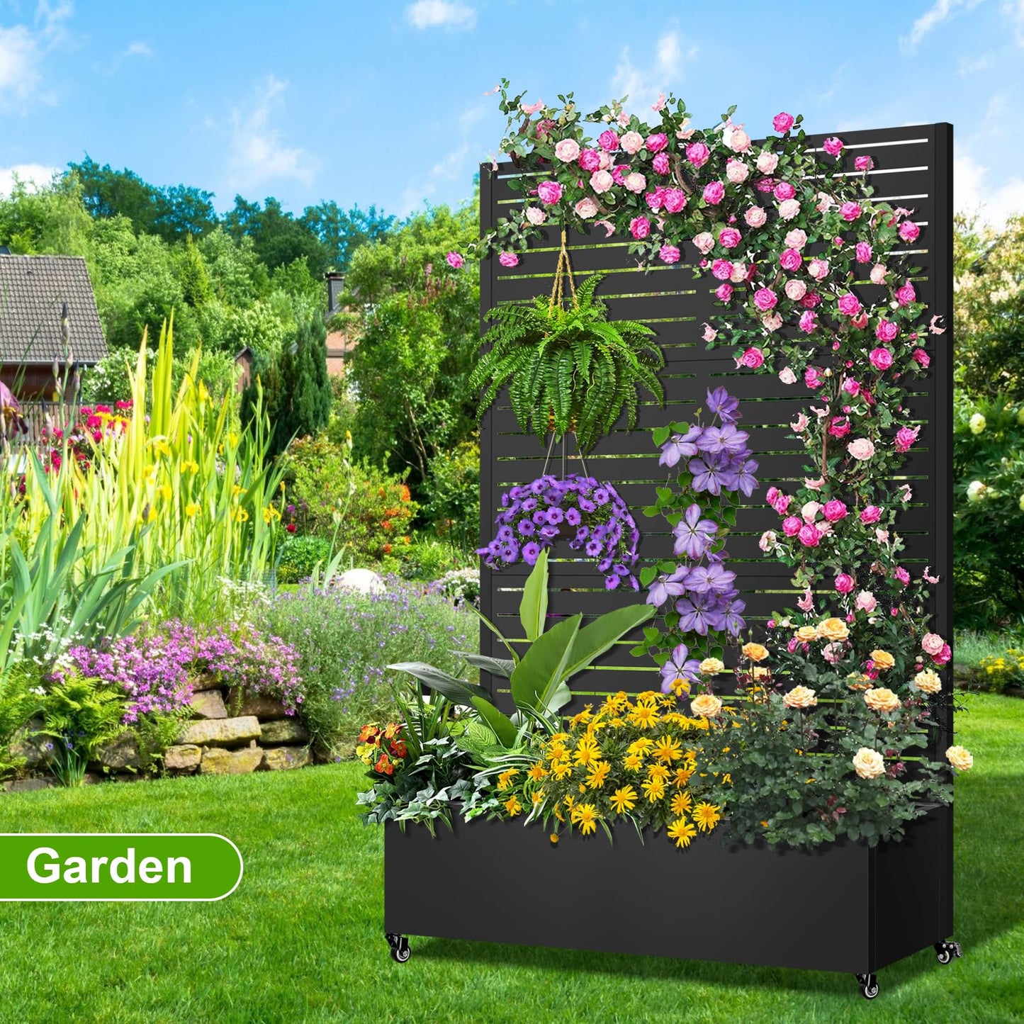 Meyoppm 72"x47"x16" Metal Planter Box with Trellis, Galvanized Steel Raised Garden Bed with Lockable Casters & Drainage Holes, Outdoor Large Planter Box for Climbing Plants, Vegetables & Flowers