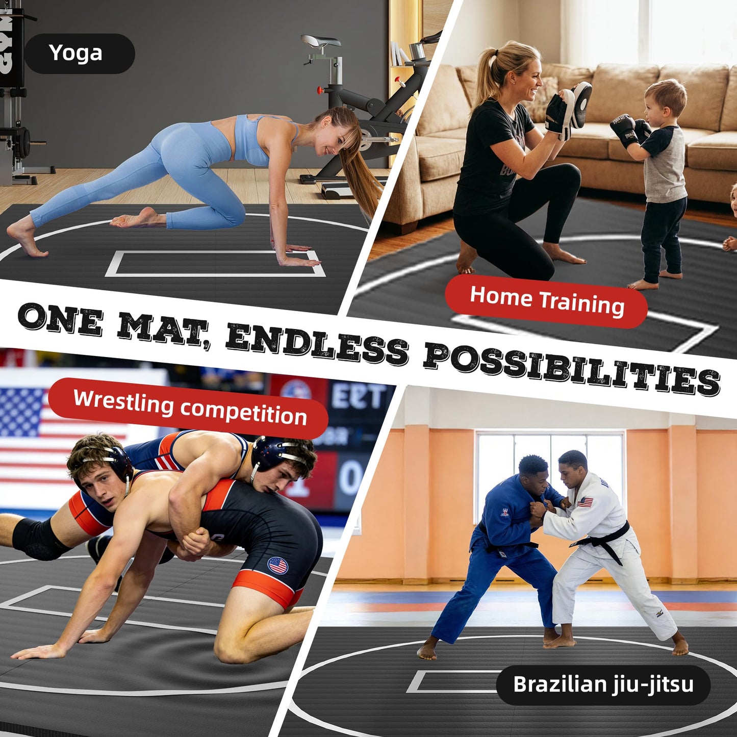 HFPFTS Wrestling Mat for Home, 10’x 10’x 1.25” Wrestling Mat, Safe Wrestling & Play Mat for Kids and Family, Jiu Jitsu, BJJ, MMA, Wrestling Mats, Martial Arts, Tumbling, Easy Clean, Gym Mat, Black
