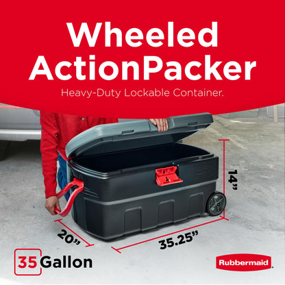 Rubbermaid ActionPacker 35 Gallon, Made in USA, Lockable Plastic Storage Bin with Lid and Wheels- Outdoor, Industrial, Rugged, Camping Gear and Truck Bed Storage - Gray and Black