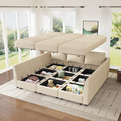 HONBAY Modular Sectional Sleeper Sofa with Storage, Modular Convertible Sectional Couch Bed Module Sleeper Couches for Living Room - Beige