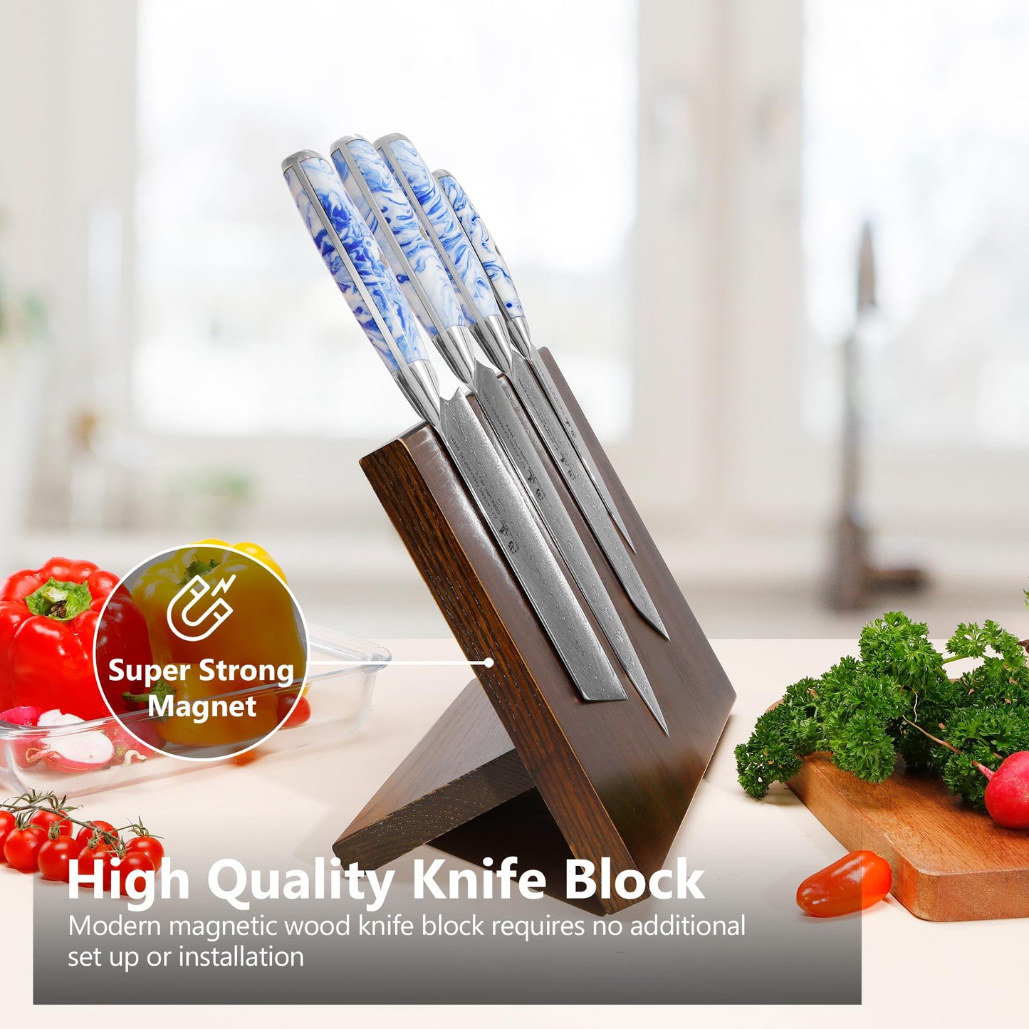 SHANGDAO Damascus Kitchen Knife Set with Magnetic Knife Block, 5 PCS Razor Sharp Kitchen Knives Made of Japanese Damascus Steelwith Block, Full Tang Ergonomic Resin Handle Chef Knife With Gift Box