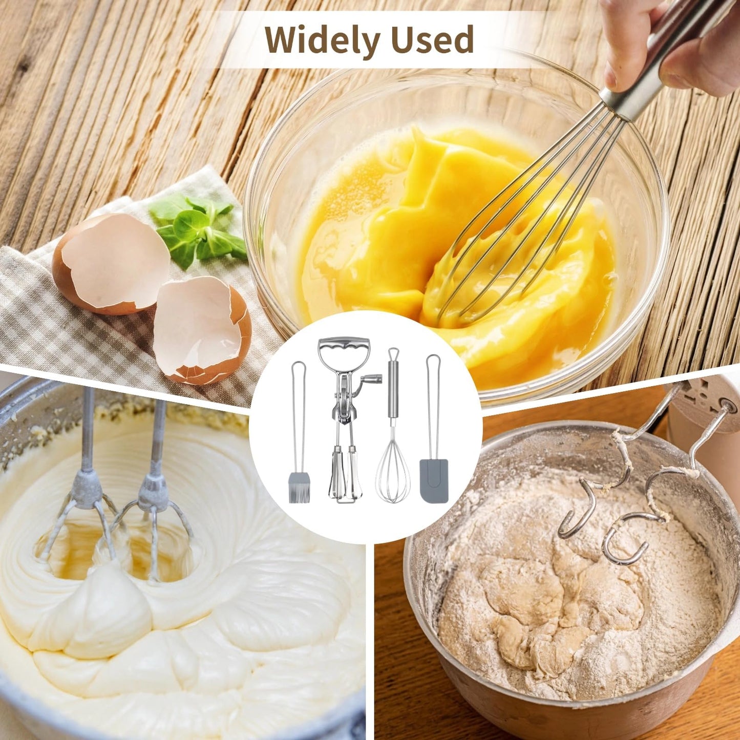 Rotary Egg Beater Set, Manual Rotating Beater with Mixer, Silicone Brush, and Spatula, Double-head Hand Push Whisk, Household Ehisk Accessories for Baking