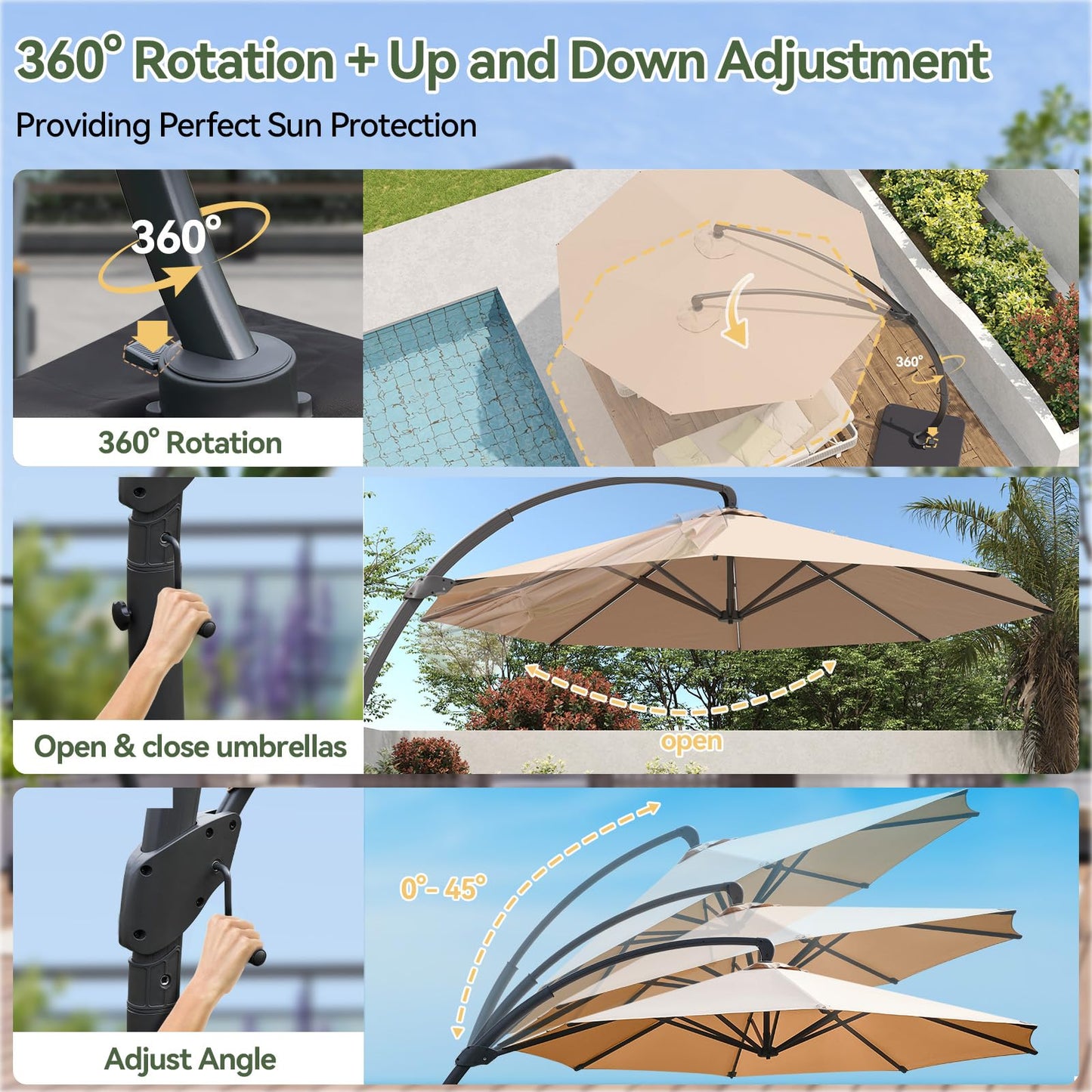 Aoxun 11 FT Cantilever Umbrella with led Light, Patio Large Aluminum Offset Umbrella Windproof with 360°Rotation, Heavy Duty Frame for Outdoor, Pool, Deck and Garden