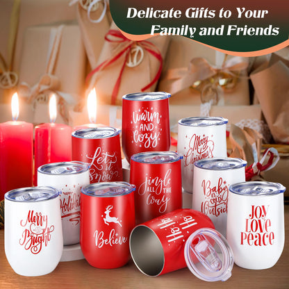 Uiifan 10 Pack Christmas Tumblers Gifts 12 Oz Xmas Funny Tumbler Christmas Stainless Steel Coffee Mugs Set Xmas Insulated Travel Cup with Straw Lid for Family Xmased Holiday Gift (Red White)