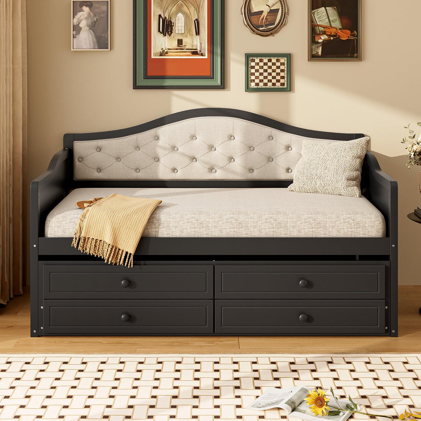 GDFStudio Twin Daybed with Trundle and 2 Storage Drawers, Upholstered Button Tufted Wooden Daybed Sofa Bed, Twin Size Pull Out Trundle Bed Frame for Living Room Bedroom Guest Room, Black