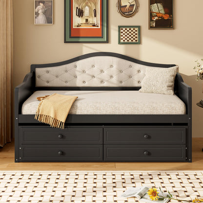 GDFStudio Twin Daybed with Trundle and 2 Storage Drawers, Upholstered Button Tufted Wooden Daybed Sofa Bed, Twin Size Pull Out Trundle Bed Frame for Living Room Bedroom Guest Room, Black