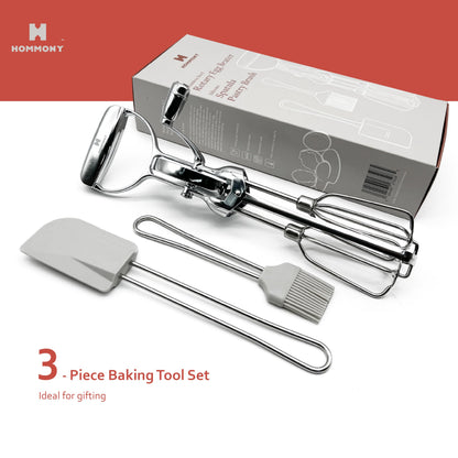 Hommony Rotary Egg Beater 12", Stainless Steel Baking Set with Silicone Spatula and Basting Pastry Brush