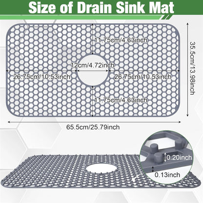 Sink Protectors Mat - 25.79"x13.98" Kitchen Sink Pad for Bottom of Basin for Protection of Stainless Steel and Tableware, Farmhouse Rubber Basin Mat Protector with Center Drain - Light Gray
