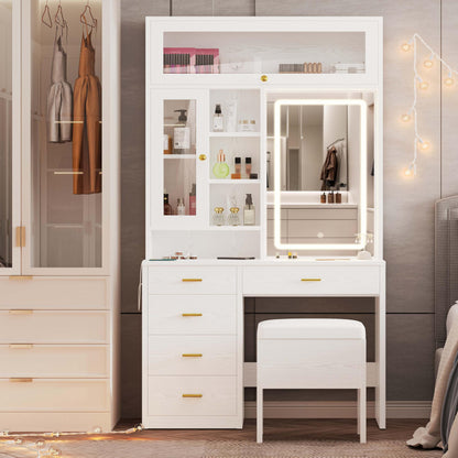 IRONCK Vanity Desk with Lighted Mirror and 5 Drawers and Cabinet Shelves, 74.4" Height Makeup Table Set with Stool, Large Storage and Space Saving, White