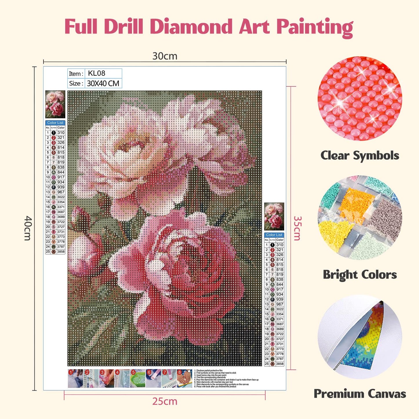 MISCER Flowers Diamond Art Kits for Adults, Peony Diamond Painting Kits for Beginners, 5D Full Drill Round Paint with Diamonds Pictures, Gem Art Painting DIY Crafts Kit Decor 12x16inch