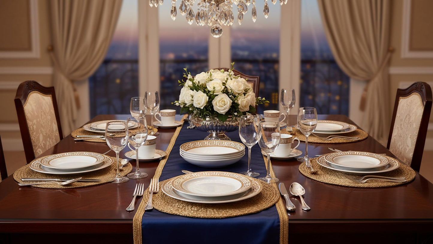 Lorren Home Trends 24 Piece Bone China Dinnerware Set with Gold Greek Key Design, Service for 4, White