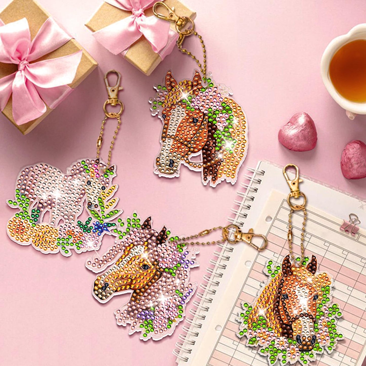 KAPOAOAO 12 Pcs Horse Diamond Art Painting Keychains, DIY 5D Double Sided Drill Diamond Art Painting Kits for Horse Western Cowboy Theme Party Home Arts Crafts Decoration Supplies