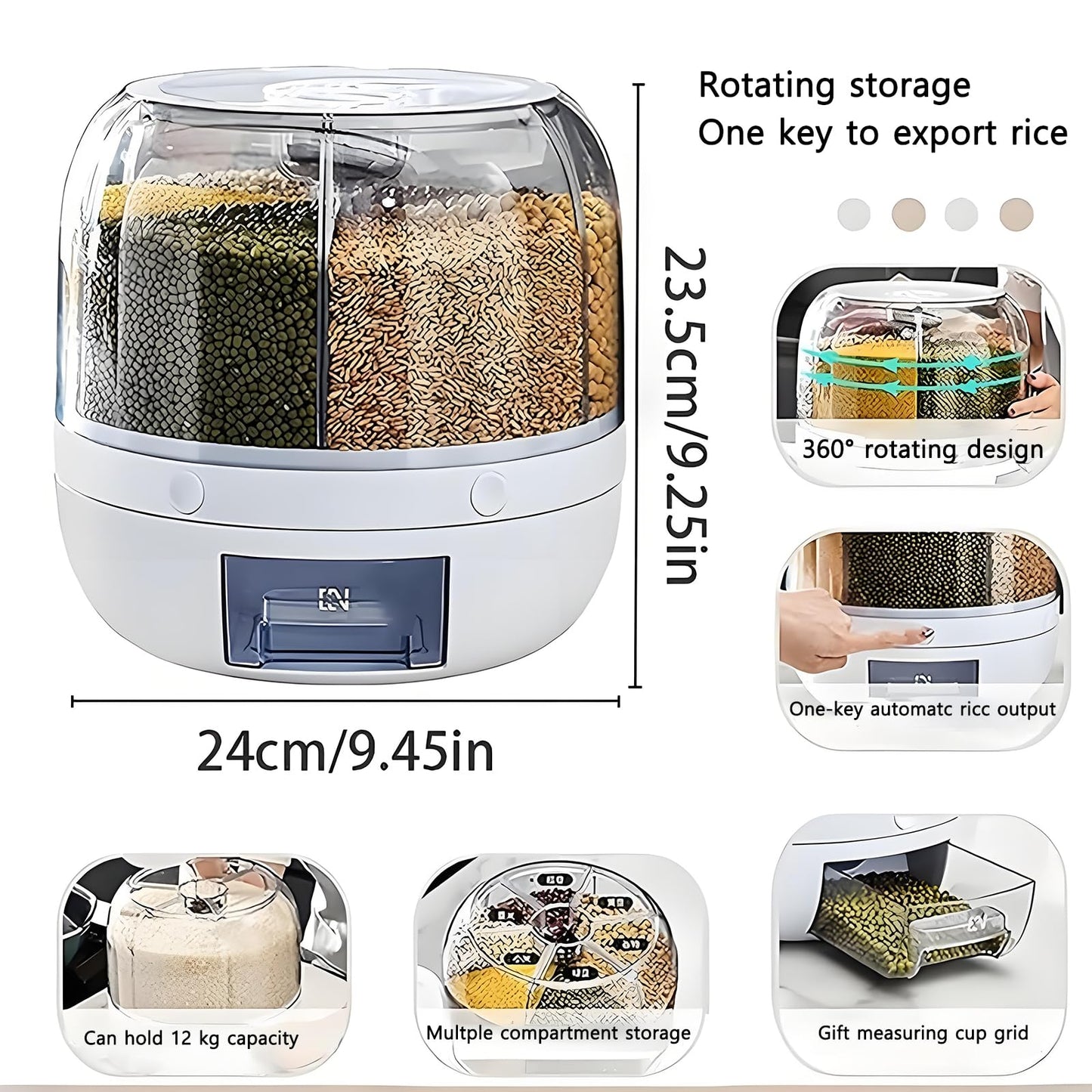 Wnnideo Rotating Grain Storage Bin 6 Grids Rice Container One-Click Output Large Capacity Food Dispenser For Rice Grains Sealed Moisture Proof Organizer (Small)
