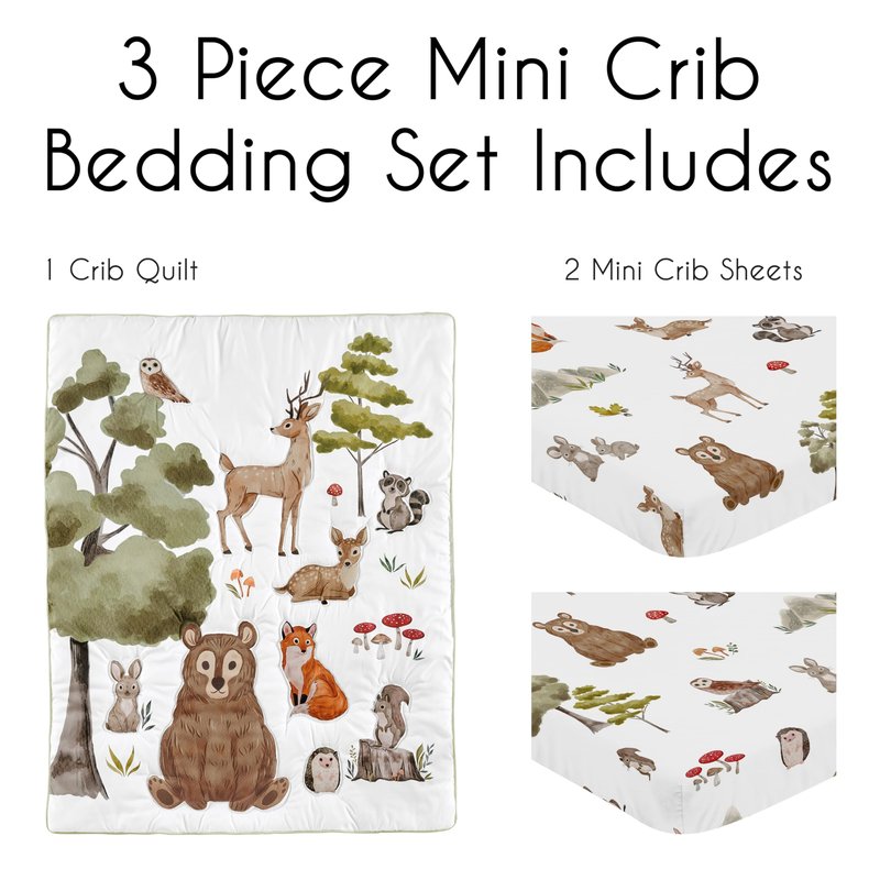Sweet Jojo Designs Woodland Forest Animals Boy Girl Gender Neutral Unisex Baby Mini Crib Bedding Set Infant Nursery Room Newborn Blanket Portable Pack n Play Sheets 3p Bear Fox Hedgehog Deer Squirrel