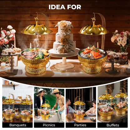 8QT Gold Chafing Dish Buffet Set, Luxury Stainless Steel Food Warmer, Elegant Hollow-Out Design Catering Server for Weddings, Parties, Hotel, Banquets, Christmas & Home Entertaining（2 pcs）