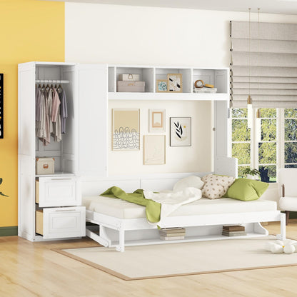 Ball & Cast Murphy Bed Queen Size Wall Beds with Closet and Storage Drawers,Wood Hideaway Platform Bedframe w/Lock,can be Folded,Easy Assembly,for Kids Bedroom,Student Dorms,White