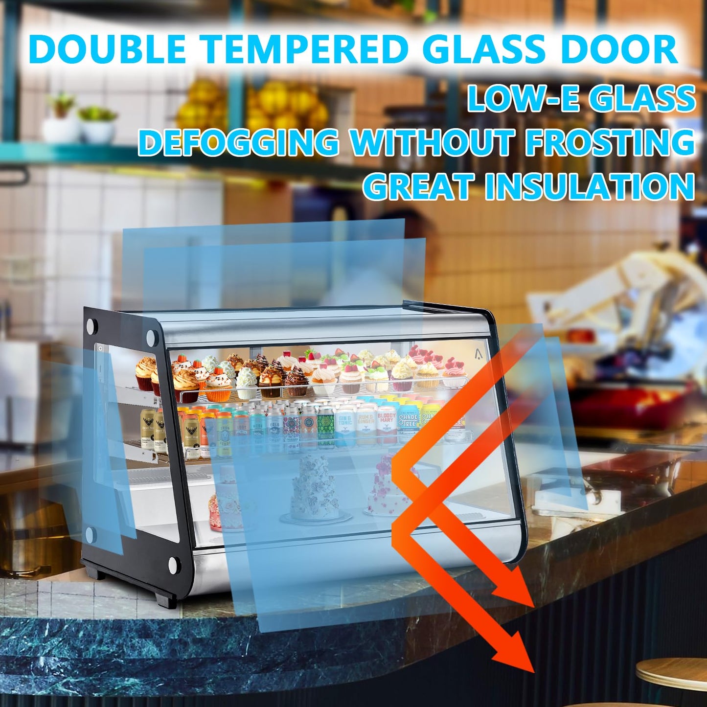 6.5 Cu.ft Commercial Countertop Refrigerators Display Case, Stainless Steel Beverage Refrigerator with LED Lighting, Auto Defrost, Adjustable Shelves, Rear Sliding Door for Cafe, Restaurant, Bakery