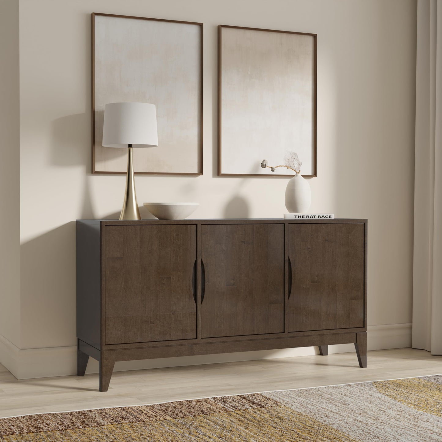 SIMPLIHOME Harper Buffet - 60 inch Wide Solid Wood 3-Door Sideboard Buffet in Walnut Brown, Mid-Century Modern Cabinet for Dining Room or Kitchen with Adjustable Shelves and Tapered Legs