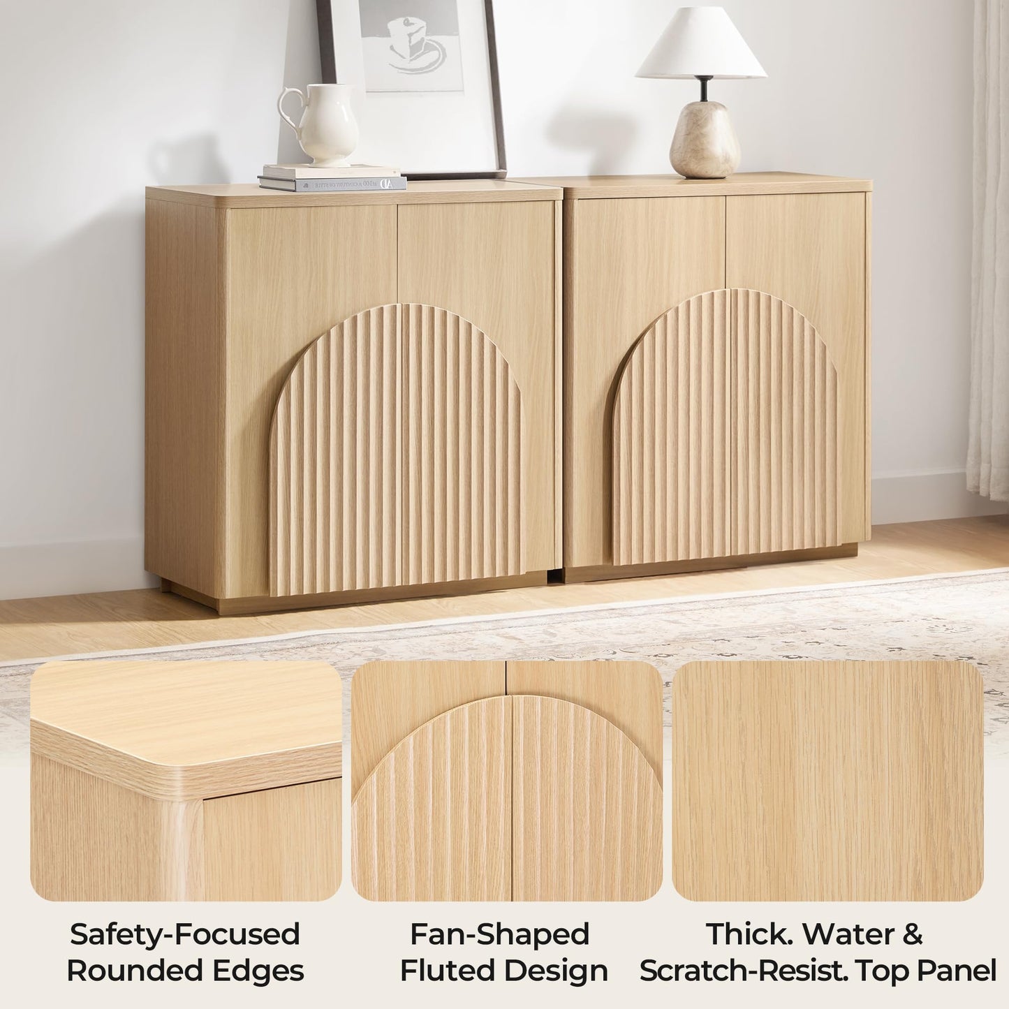 CHITA Sideboard Buffet Cabinet with Storage, Small Storage Cabinet with Doors and Shelves for Living Room Accent, Bar, Kitchen, Set of 2, Oak