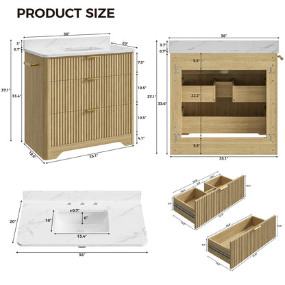 IRONCK 36 inch Bathroom Vanity with Ceramic Sink, Freestanding Wood Grain Sink Cabinet with 3 Storage Drawers (2 Standard + 1 Flip-Down), Farmhouse