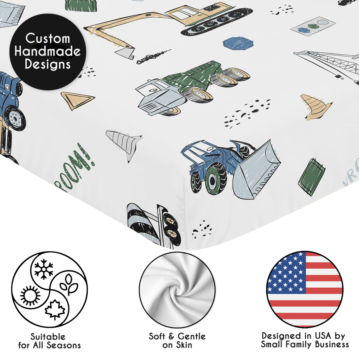 Sweet Jojo Designs Fitted Baby Crib Sheets (Green Construction Truck) for Boys, Infant Nursery, Toddler Room - Standard Size (Transportation, Bulldozer, Tractors, Cranes, Blue, Grey & Yellow, Trucks)