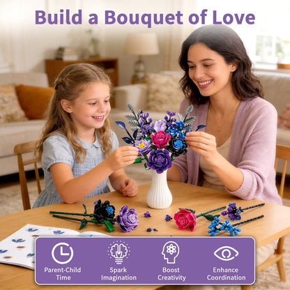 YOIUSFR 759 Pcs Purple Rose Flower Bouquet Building Set, Botanical Collection Kit Artificial Fake Flowers Blocks, Home Table Decor Aesthetic for Gifts for Birthday, DIY Craft