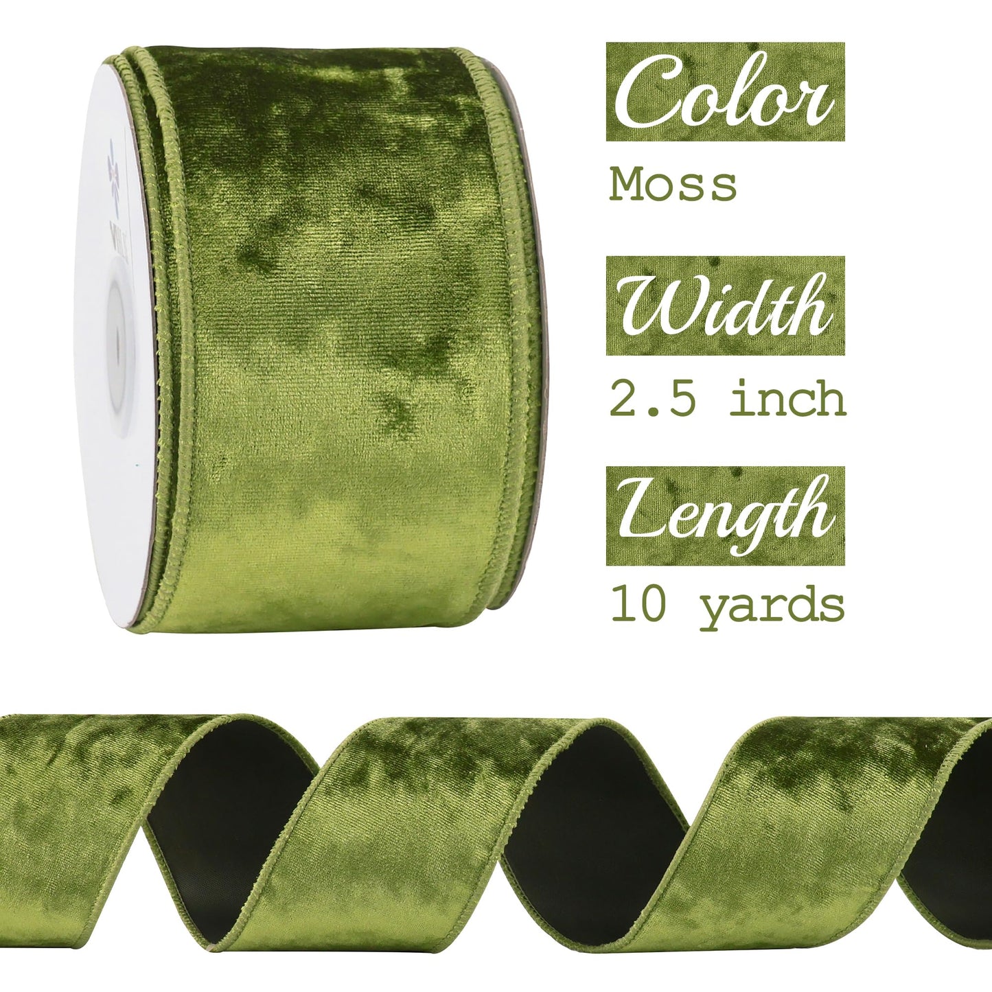 MEEDEE Moss Green Velvet Wired Ribbon 2.5 Inch - 10 Yards Crushed Velvet Christmas Ribbon for Tree Decoration, Wreath Supplies, Crafts Bow Making