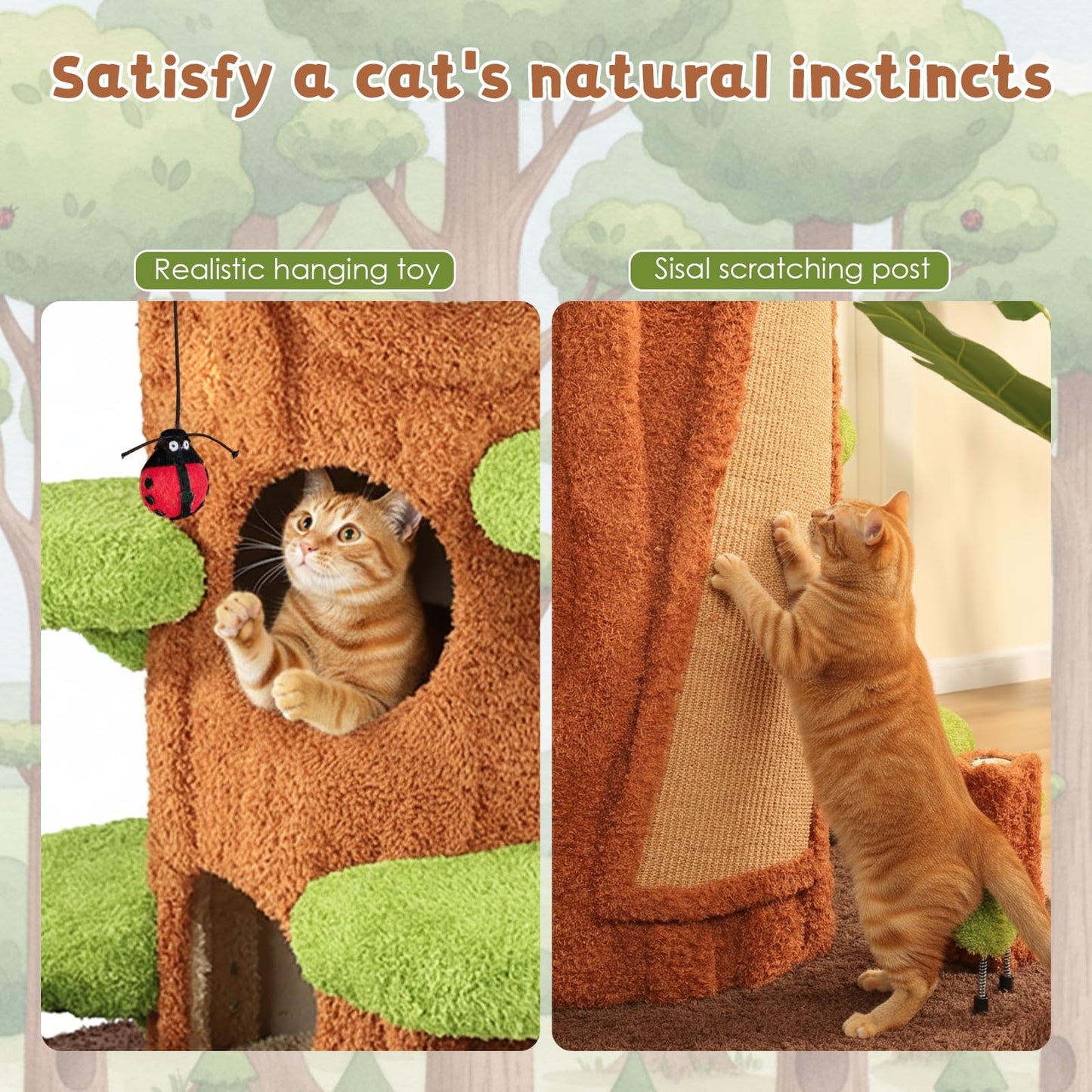 NUNU LAB 90.5 Inch Tall Cat Tree - Large Magic Forest Cat Tree Tower with Sisal Scratching Posts, Side Hideout & Platforms, Multi-Level Solid Wood Cat Condo with for Multi-Cat Homes (Large Green)