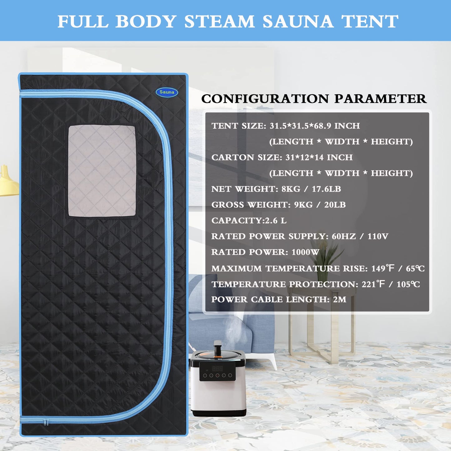 Person Steam Sauna for Men, Portable Sauna Tent for Women, 31.5"W Full Body Foldable Saunas Box with Steamer, Folding Chair, Stainless Steel Pipes Connector, for Home Apartment Spa Indoor, Black