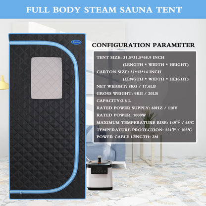 Person Steam Sauna for Men, Portable Sauna Tent for Women, 31.5"W Full Body Foldable Saunas Box with Steamer, Folding Chair, Stainless Steel Pipes Connector, for Home Apartment Spa Indoor, Black