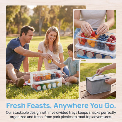 Double-Layer Chilled Portable Snackle Box with 5 Removable Compartments, 4 Ice Packs & Insulated Bag, Keeps Food Chilled or Warm, Extra Layer for Drinks, Fruits & Candy, Dishwasher-Safe for Road Trips