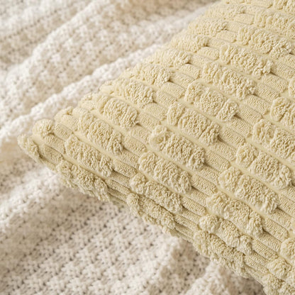MIULEE Euro Sham Pillow Covers - Soft Boho Striped Corduroy | 24x24 Inch Beige Decorative Covers for Sofa & Bed