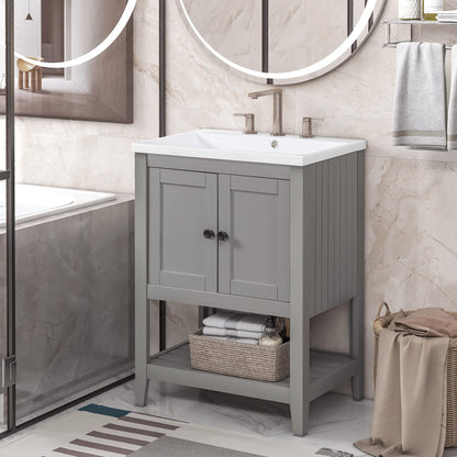 Merax Grey Bathroom Vanity and Sink Combo 24 inch Bathroom Vanities Set with Cabinet, Solid Wood Frame, Ceramic Sink