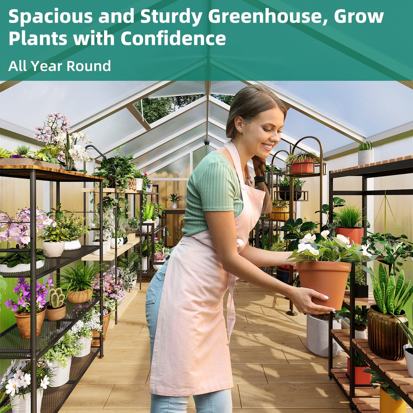 8x12 FT Greenhouse - Large Aluminum Greenhouses for Outdoors, Heavy Duty Polycarbonate Greenhouse with Roof Vent&Ground Nails, Walk-in Green Houses for Garden, Backyard, Patio, Easy Assembly